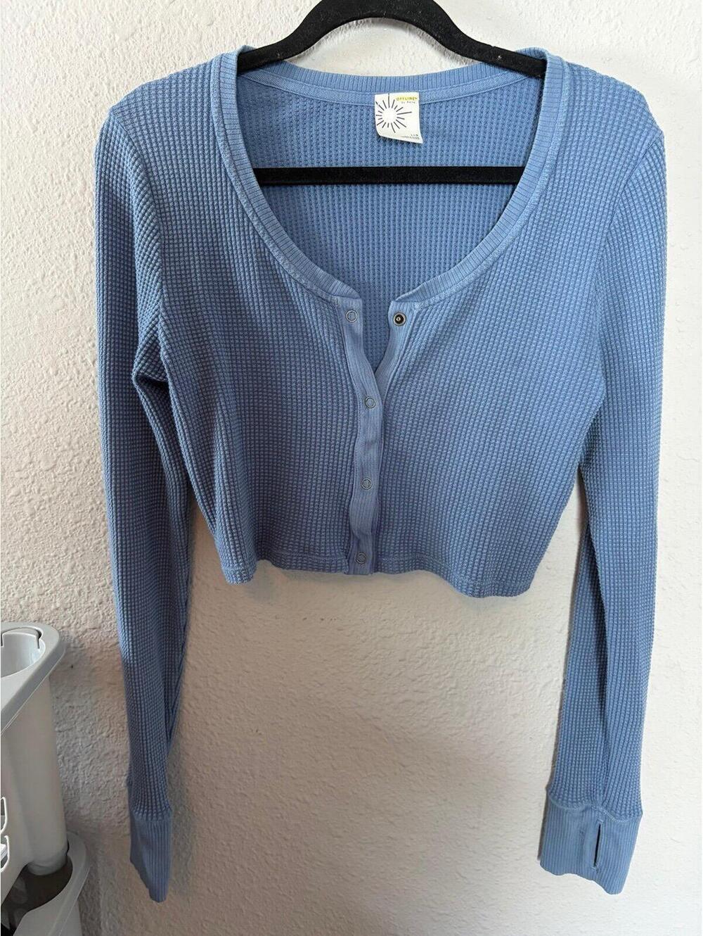 Offline by Aerie cropped waffle henley long sleeve blue size L